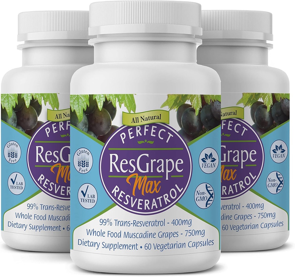 Perfect ResGrape Max, 60 rastlinskih kapsul na steklenico (Pack of 3) ~ 99% Trans-Resveratrol & Muscadine Grozd ~ Anti-Aging dodatek & Močen antioksidant