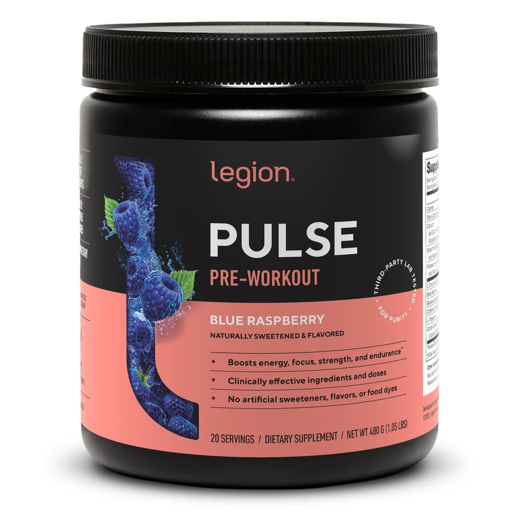 LEGION Pulse Pred vadbo - Vse naravne dušikov oksid Preworkout pijača za povečanje energije, Kreatin brezplačno, naravno sladkan, Beta Alanin, Citrulin, Alfa GPC (modra malina)