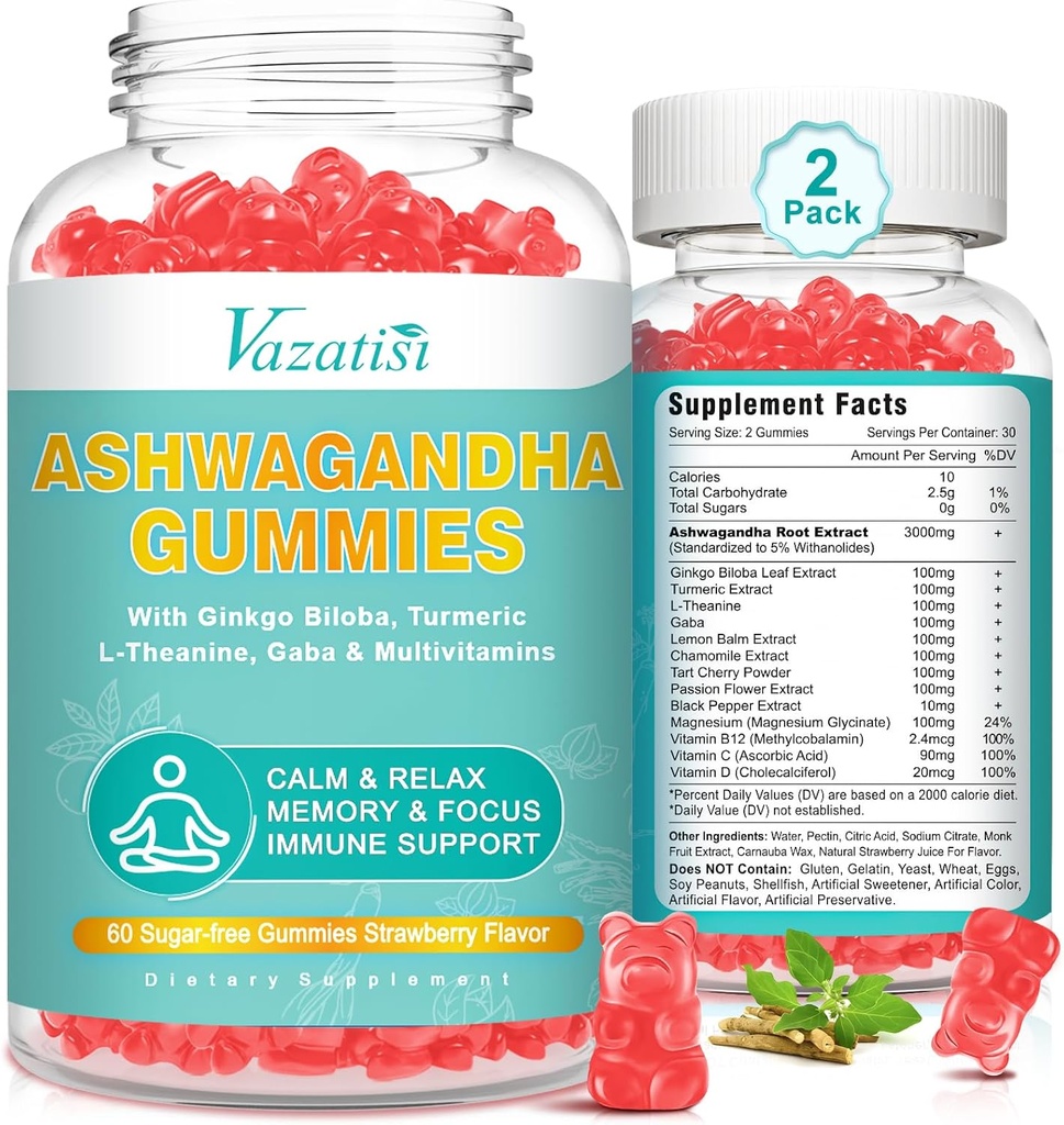 2 Pack Ashwagandha Gumies s kurkuma GABA Mood energije in imunske podpore, Jagodna aroma 120 Cts