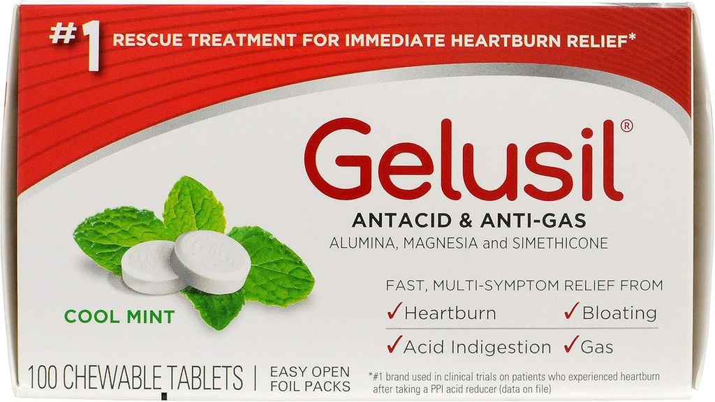 Gelusil Antacid & anti gas tablete za lajšanje zgage, refluks kisline, napihnjenost in plin, Cool Mint - 100ct pretisni omot (paket po 2)