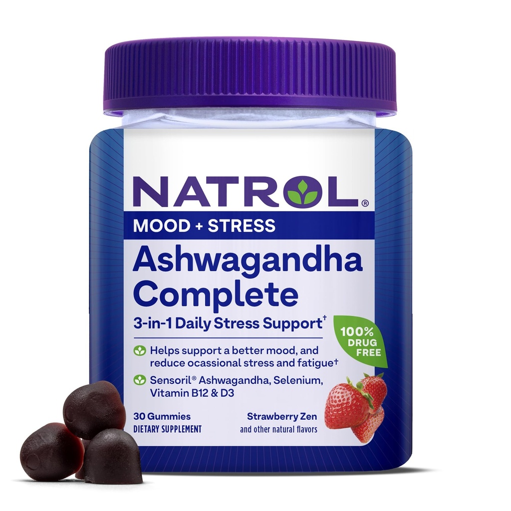 Natrol Ashwagandha Complete Gummy, 3-v-1 Dnevna podpora stresu, Podpira boljši razpoloženje, zmanjša občasno stres in utrujenost, 30 Gummies, Do 15 dni dobave