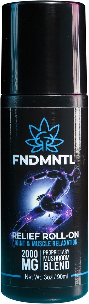 FNDMNTL Relief roll-On z 2000mg Funkcionalna goba mešanica za skupne in mišice sprostitve, No Mess Aplicator, 3oz