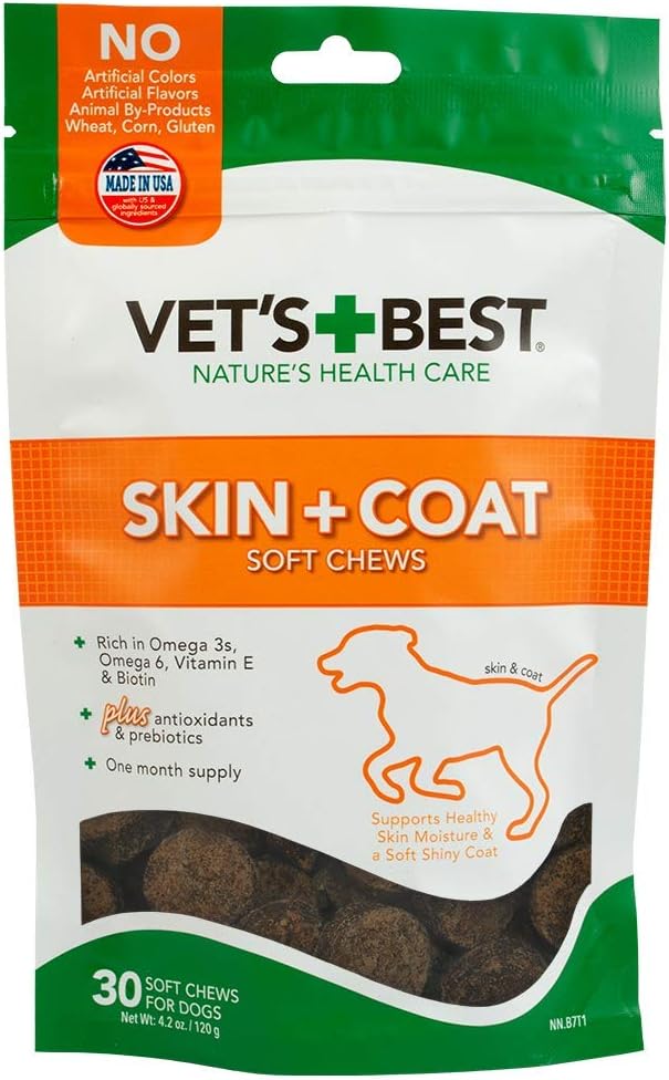 Vet's Best Skin & Coat Dog Supplements - Oblikovan z vitaminom E in Biotin za vzdrževanje psi zdrave kože in plašč - 50 žvečljive tablete