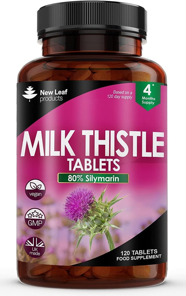 Novolistni izdelki Milk Thistle 1000mg Tablete (4 mesec oskrbe) Visoka jakost 2000mg 80% Silymarin, Veganske tablete, GSO-free, Gluten-free 120 tablet