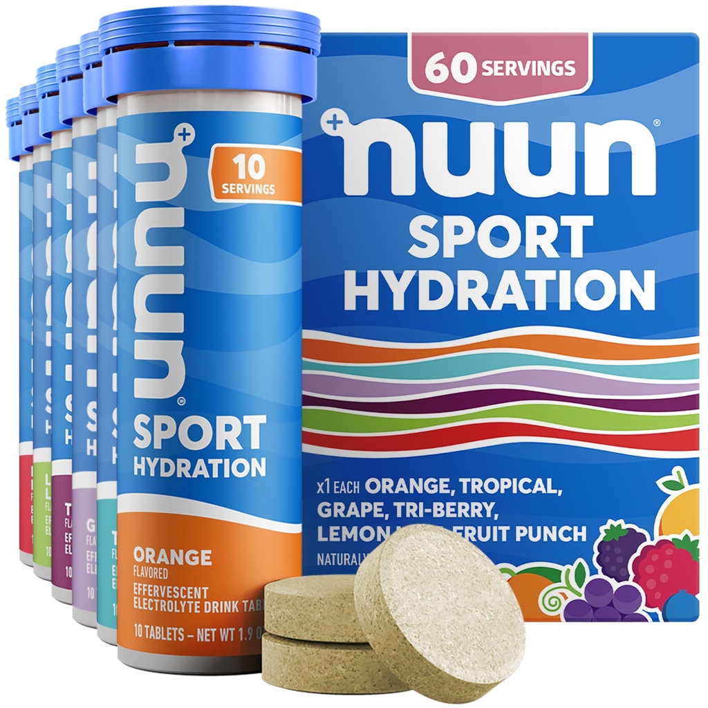 Nuun Sport Elektrolitske tablete z magnezijem, kalcijom, kalijem, kloridom in natrijem, brez glutena in veganom, mešanimi aromami, 6 pakiranja (60 obrokov skupaj)