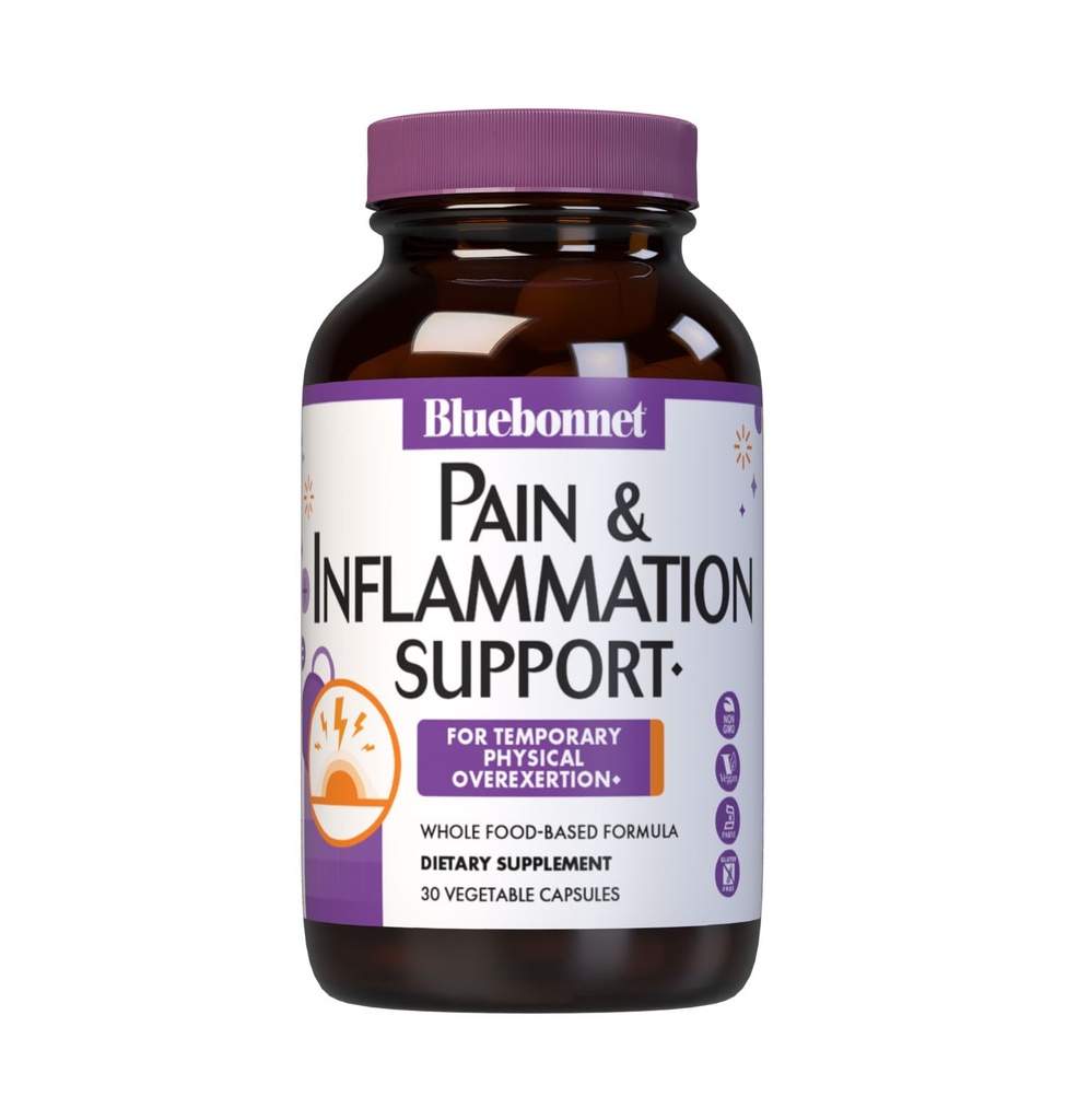 Bluebonnet Nutrition Pain & Inflammation Support, za začasno fizično pretiravanje*, Non-GMO, Vegan, Kosher Certified, Gluten-free, Soy-free, Dairy-free, 30 Zelenjavnih kapsul, 30 Servings