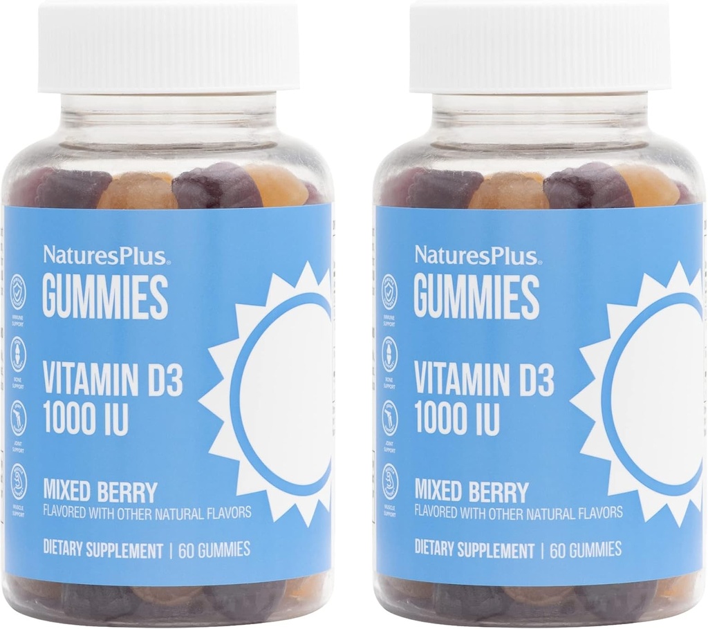 NaturesPlus Gummies Vitamin D3 1000 i.e., mešano jagode - 60 Gummies, Pack po 2 - spodbuja zdravje kosti in imunske funkcije - Vegan, Gluten brezplačno, Ne-GMO - 120 skupno serviranje
