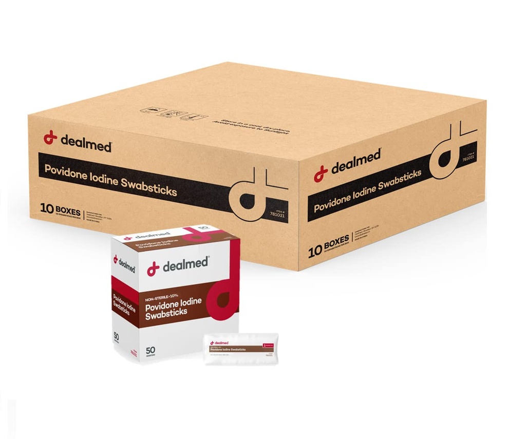 Dealled Povidon Jodine 10% Swabsticks - Individualno zapečateni paketi kot nalašč za nego ran in prenosni kompleti prve pomoči, 50/Box (zadeva 10)
