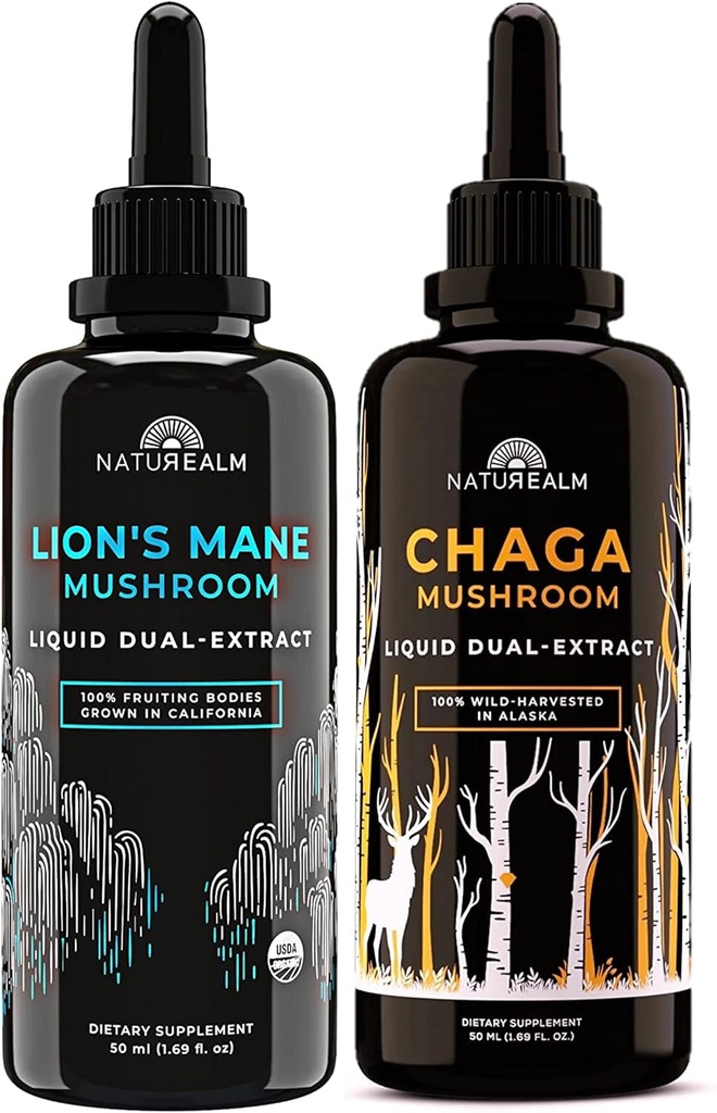 Naturealm Lion's Mane & Chaga Goba Extract - Adaptogen Stack for Focus, Immuniteta, Dolgoživost, Stress Relief, Gut Health, Anti-Aging, Energy & More - Organic Liquid kapljice - 50 ml Vsak (2 paket)