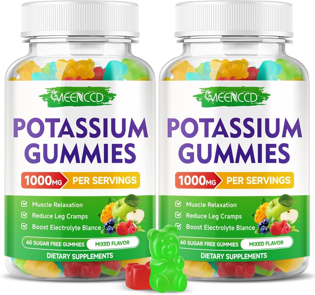 Kalijev citrat Gumijev 1000mg, Visoka moč Kalijev dodatek Gumijev za odrasle ženske in moške, Podpora noge Cramps in mišično zdravje, sladkor brez, mešano sadje aroma, 120 Število