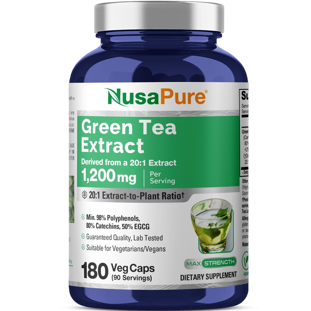 NusaPure Green Tea 20:1 ekstrakt, 1200 mg ekvivalentno 24000 mg, 180 veganskih kapsul, 50% EGCG, 98% polifenolov, 80% katehinov