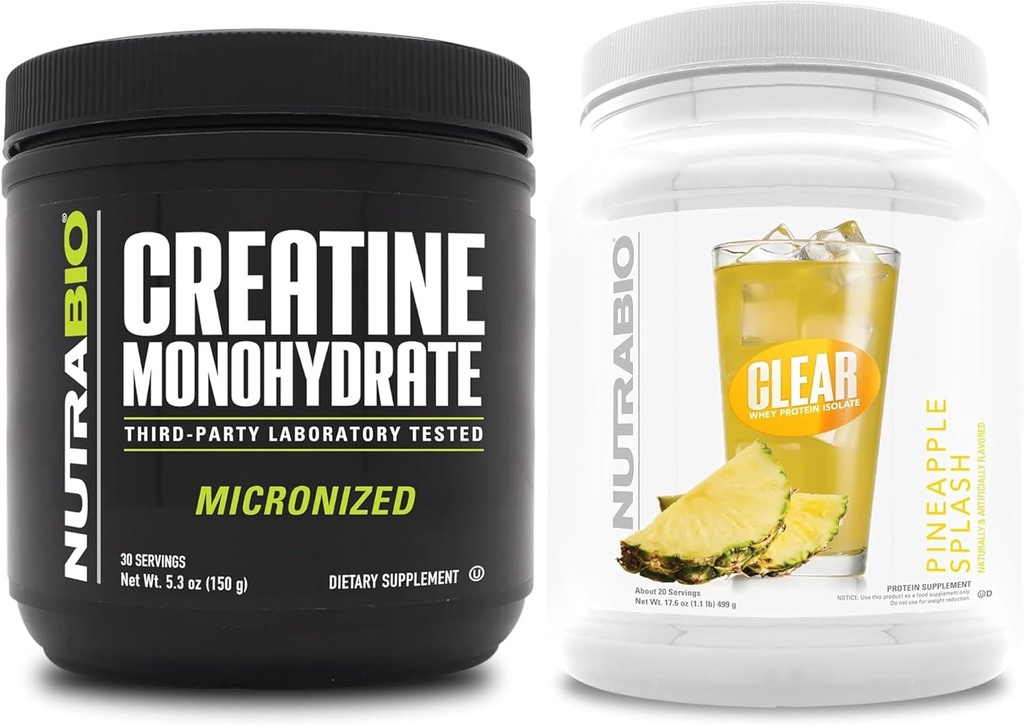 NutraBio Kreatin Monohidrat, brez arome, (150 g) in čisti izolat sirotkinih beljakovin, (Pineapple Splash) dopolnilo – mišična energija, največja rast, regeneracija in moč