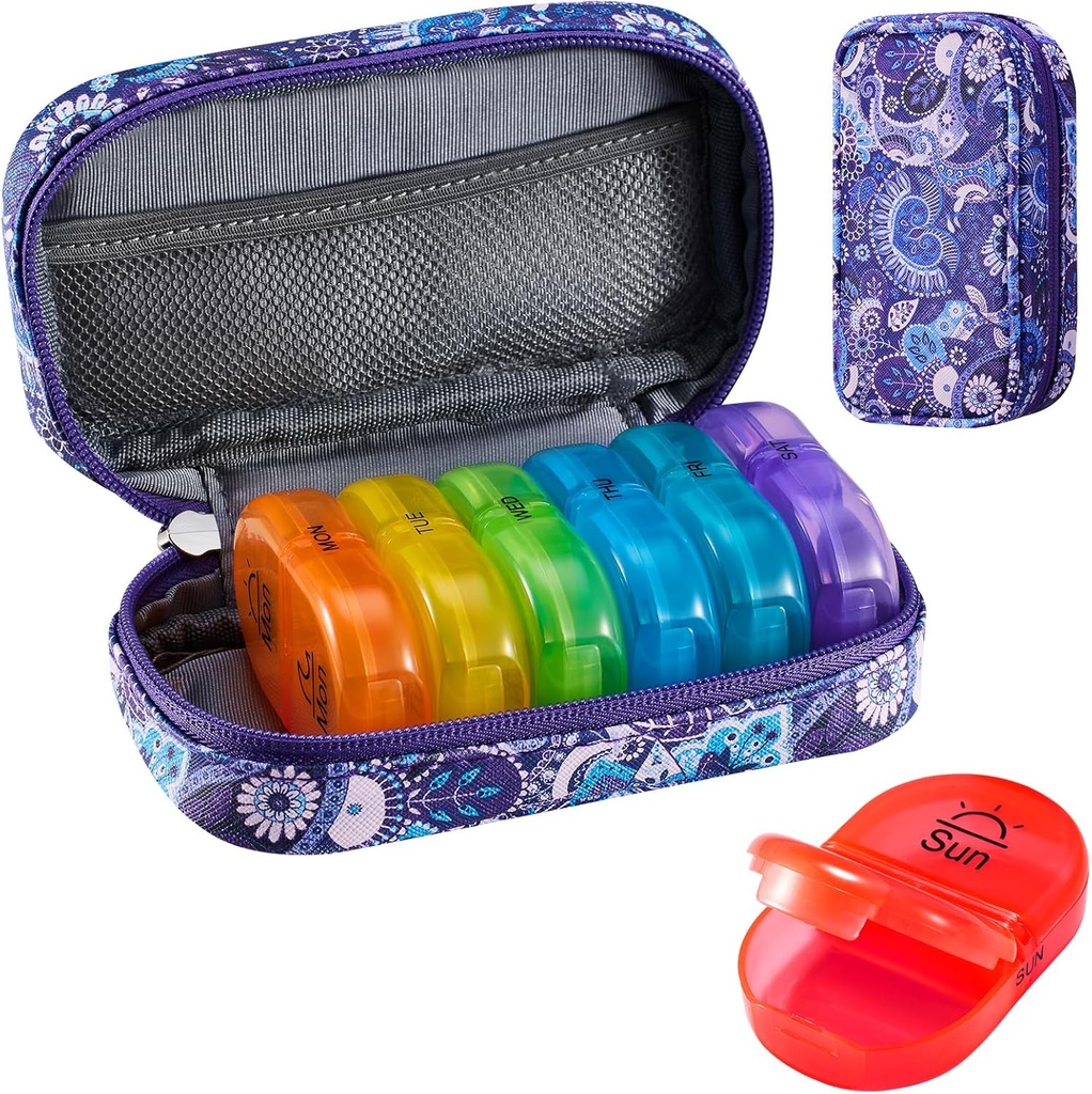 Serfeymi Tedenska potovalna tabletka Organizator 2 krat na dan AM PM Nadgrajene Mavrične tablete Box 7 dan s prenosljivim Zipper PU usnje tablete Case, Medicine Organizator za tablete, vitamini, ribja olja - Purple-01