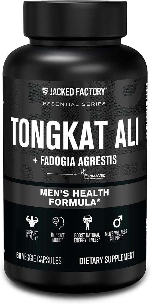 Jacked Factory Indonesia Tongkat Ali + Fadogia Agrestis - 200:1 Extract Longjack Tongkat Ali za moške s Fadogia Agrestis 600mg & Primavie Shilajit za podporo vitalnosti, energije, & razpoloženja - 60 kapsul