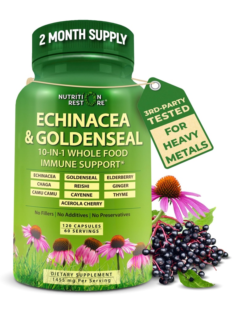 Echinacea Goldenseal kapsule - 10 v 1 Imunska podpora dodatek - 1455mg - Veganske Echinacea kapsule dodatek izdelan z organskimi celimi živili - Herbal Immune System podpora - 2 mesec oskrba
