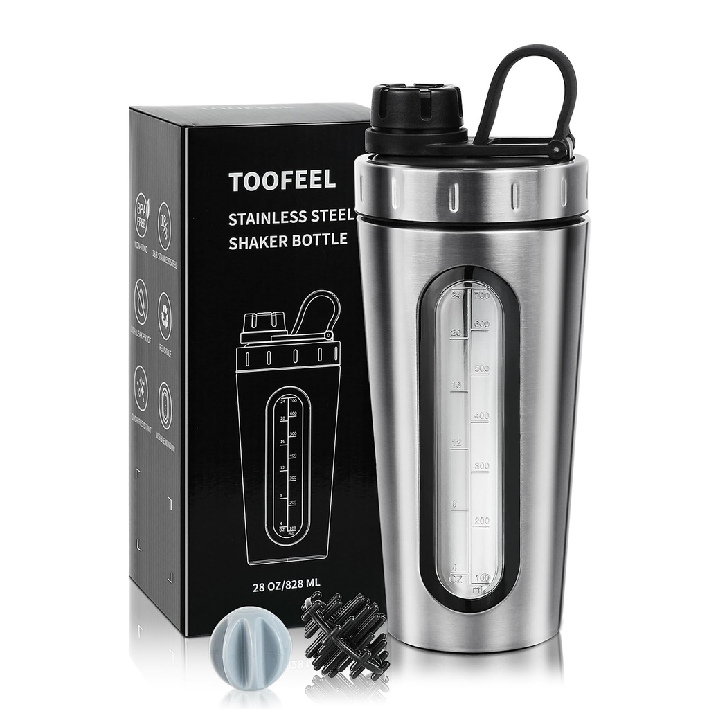 TOOFEEL Shaker Plastenke za proteine 28 oz Nerjaveče jeklo stresalnik z 2 Mešalna kroglica, ne ostane hladno / vroč, Vidno okno Metal Shaker skodelice, Leakproof, BPA brezplačno steklenico Shaker