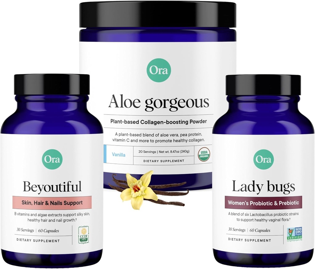 Ora organski veganski kolagen, probiotiki, prebiotiki & BeYouTiful paket: Aloe Vera - Vanilla Flavor, 20 Serving + 60 veganskih probiotičnih kapsul + podpora za lase, kožo, nohte, 60 veganskih kapsul
