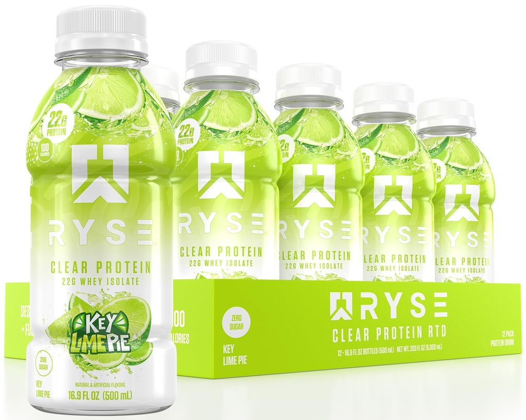 RYSE Clear Protein Drink - Key Lime Pie - 100 kalorij, 22g sirotkinega izolata Protein Shake, Sugar-free, 0g Maščoba in laktoza-free - osvežilna pijača pripravljena za pitje - 16,9 fl oz steklenice (12-Pack)
