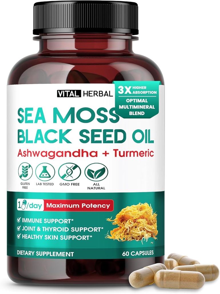 Sea Moss z oljem iz črnega semena, Ashwagandha, Turmeric & Moringa – Imunska, Joint & Skin Support dodatek – 60 Kapsule – Vital Herbal – Lab-Tested, Non-GMO, Made in USA