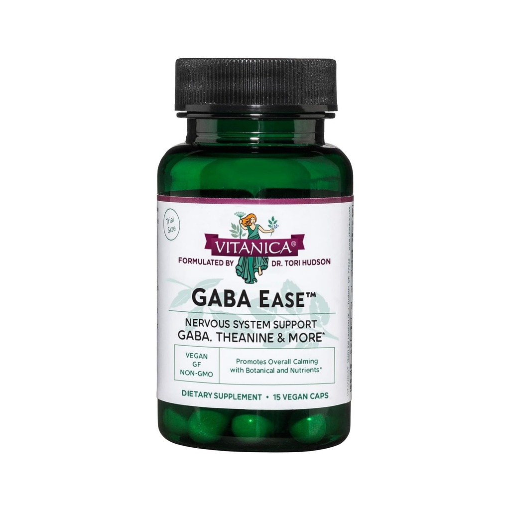 Vitanica GABA Ease - GABA & L-Theanine Supplement for Calm & Relaxation Support - Ženski zdravstveni dodatek z GABA, Passionflower, Hops, Skullcap & L-Theanine - Consumer Line - 15 Veganskih kap