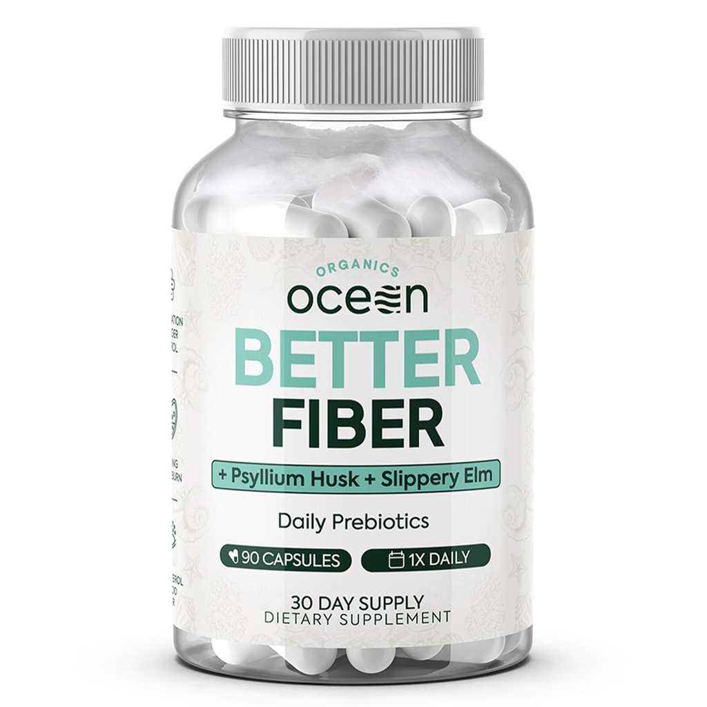 Organics Ocean Better Fiber - Supplement Daily Fiber - Mehko orodje za gibanje brez napora - s Psyllium Hulk in Slippery Elm - 90 kapsul