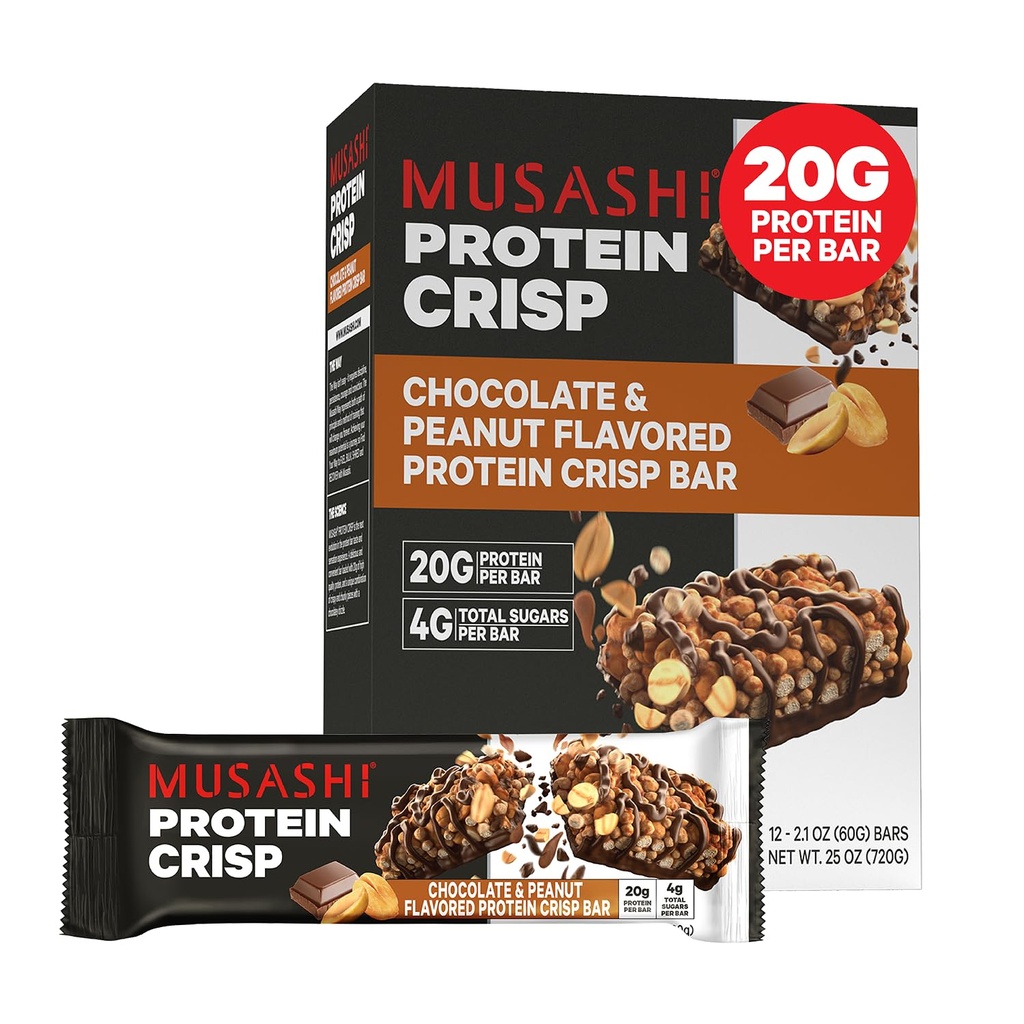MUSASHI Protein Crisp Bar, 20g beljakovine, 4g skupni sladkorji, čokolada in arašidi, post vadba in prigrizek na Go, 12 Pack of 2.1oz (60g) Bari