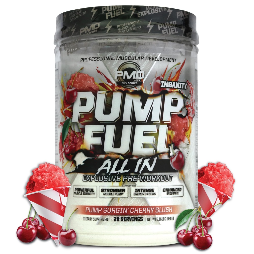 PMD Sports Pump gorivo Vse v Insanity, Ultimate Pre Workout Powder & Muscle Pump, Največja moč energije, Fokus, vzdržljivost in okrevanje, Kreatin & Beta Alanine, Pump Surgin’ Cherry Slush, 20 Servings