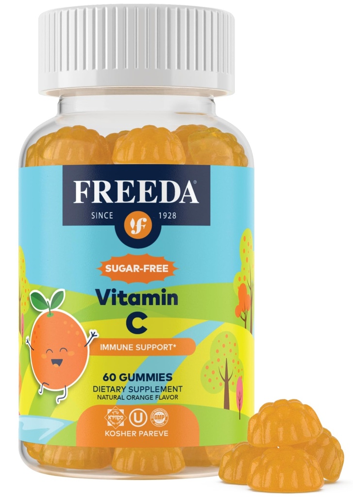 BREZPLAČNA Vitamin C Otroci Vitamin C Gumi - otroci Sladkor brez VIT C Gumi Žvečljiv za odrasle, najstnike in otroke - Certificirani Košir, Okusna pomarančna aroma, nič sladkor imunske podpore (60 Ct)