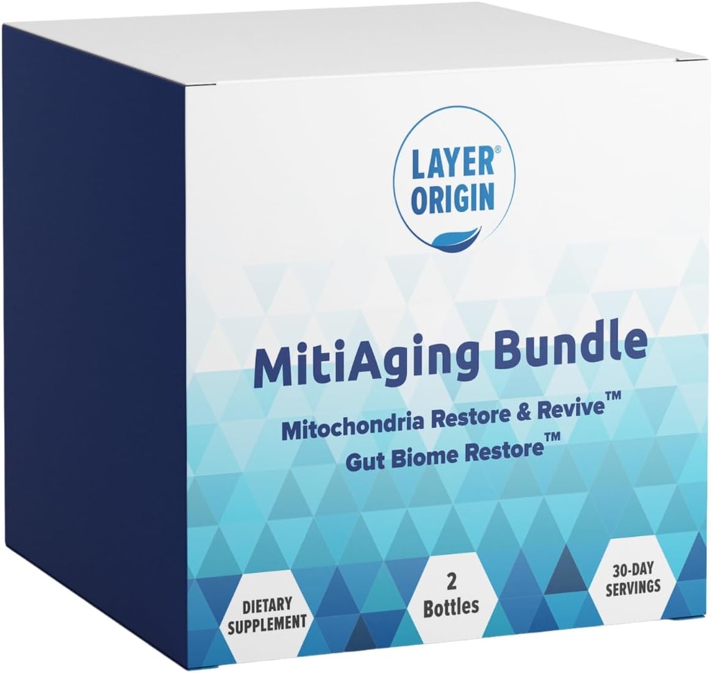 Izvor plasti MitiAging Bundel, Anti-Aging 2-Bottle Pack: Gut Biome Restore in Mitohondrija Revive - Boost celično zdravje Seveda, 30 dan dobava