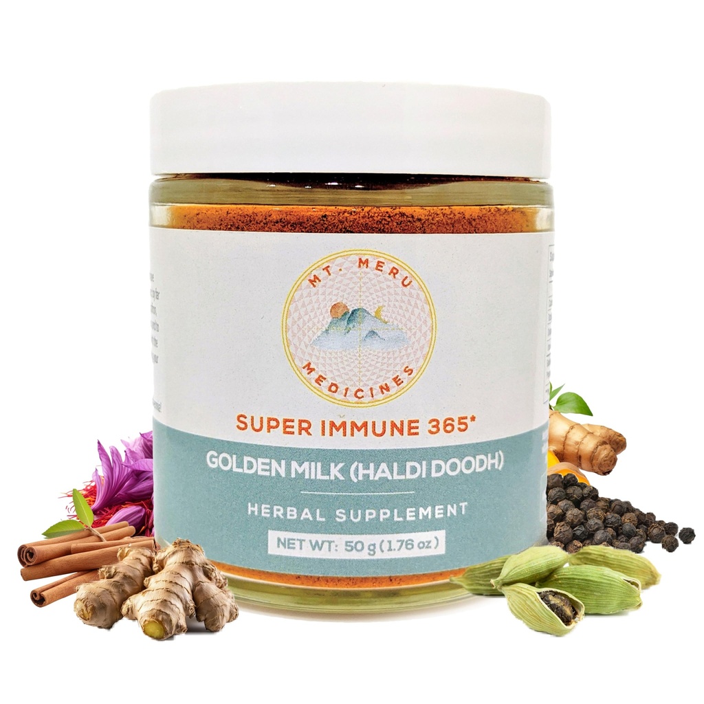 Mt. Meru Medicines Ayurvedic Haldi Doodh/Zlato mleko Superblend- z imuno booping Formula, Gluten-free, za zdravje možganov, Gut Podpora z visokim kurkumin Lakadong kurkuma (1,76oz/50g)