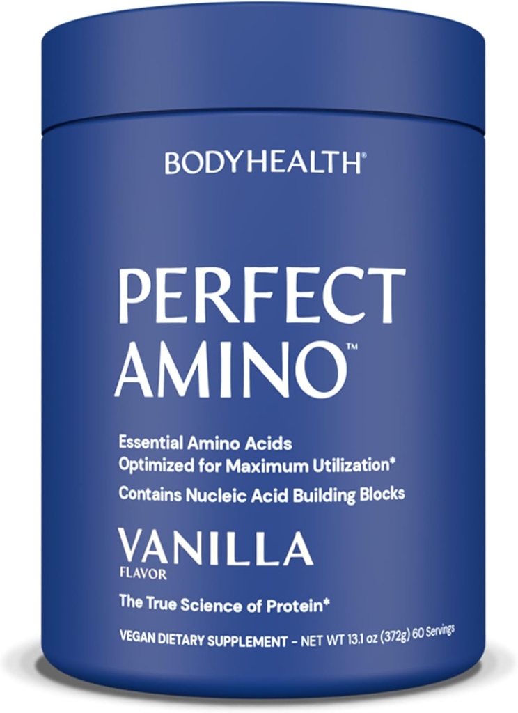 BodyHealth PerfectAmino Powder - BCAA in EAA Powder za pred in po treningu - Energijski napitek aminokislin za moške in ženske za podporo najete mišice in okrevanje - Vanilla - 60 Servingov