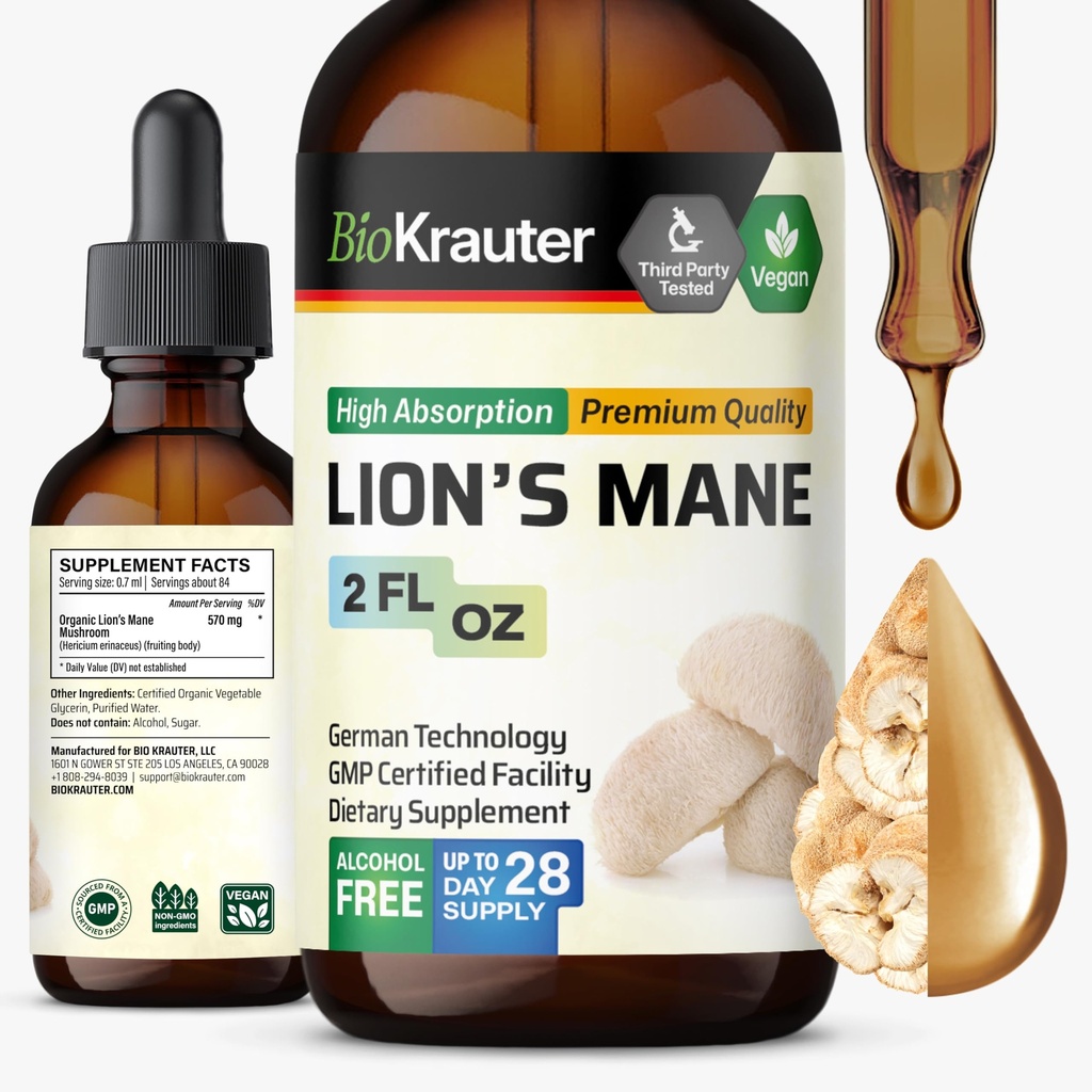 BIO KRAUTER Lions Mane Liquid Extract - Gobe Dopolnilo za podporo možganov - Veganski Lions Mane Dodatek - Alkohol in sladkor brez kapljic - 2 Fl.Oz.