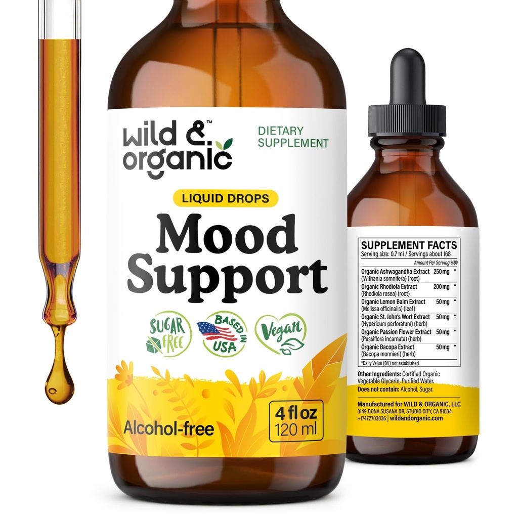 Wild & Organic Mood podpora - Naravne tekoče kapljice za pozitivno energijo - Calm Mind dodatek za ženske in moške - Non-Alcohol Ashwagandha & Rhodiola Rosea Koren tinktura za dober Mood - 4 oz