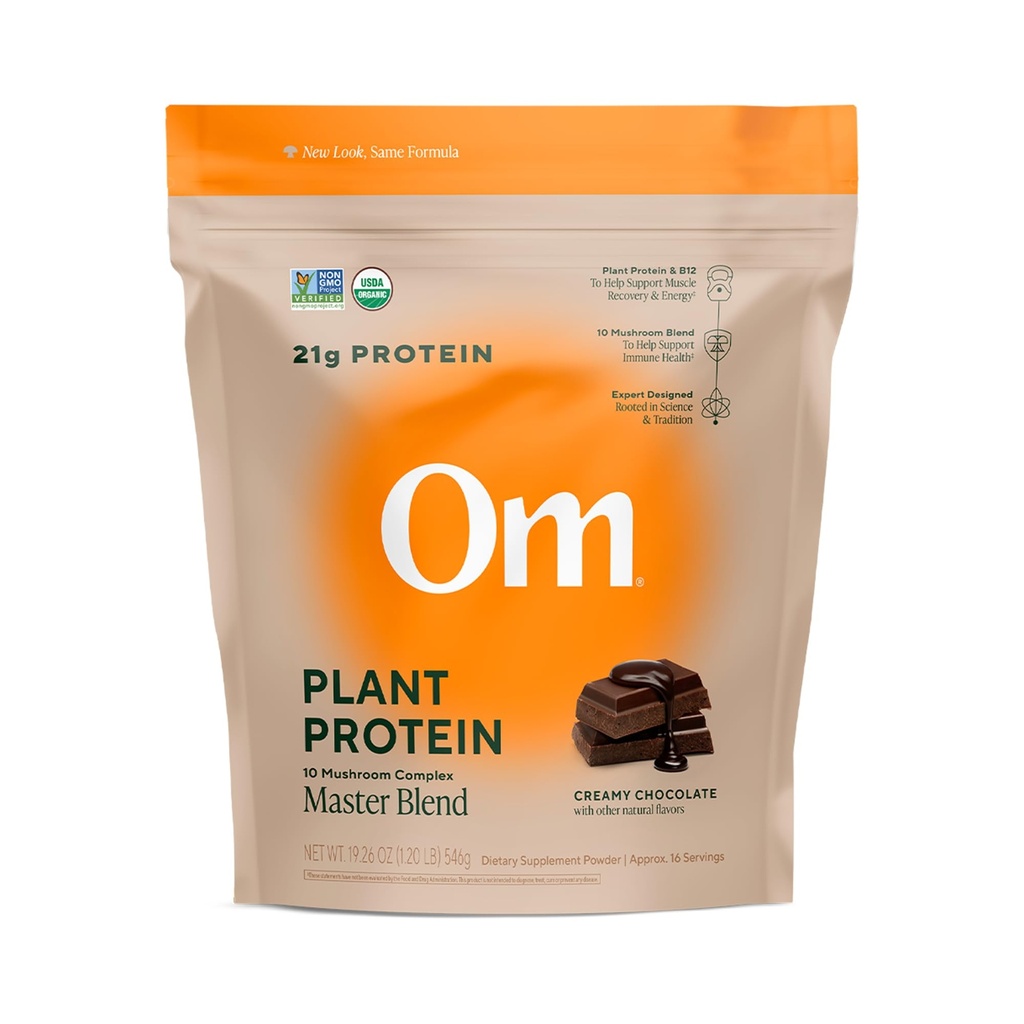OM MUSHROOM SUPERFOOD Master Blend Vegan Protein – Bio Chocolate Plant Protein z 10 gobami, Ashwagandha, BCAAs & B12 – Energija, Recovery & Imune Support – 1,2 lb (16 strežbe)