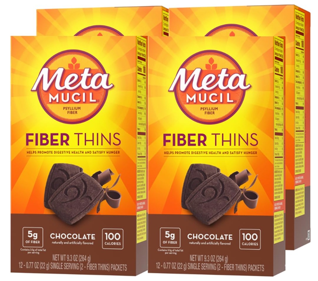 Metamucil, fiber žetine, Dnevni Psyllium Husk Fiber dopolnilo, Podpira Prebavno zdravje in zadovoljstvo Lakota, Čokoladni okus, 48 Skupno serviranje (4 pakiranja po 12)