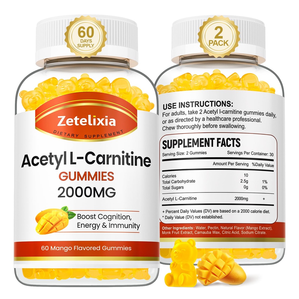 2 Pack Acetil L-karnitin Gumies, L-karnitin dopolnilo za ženske in moške, prehranska dopolnila za povečanje energije, imunitete in zdravje možganov, Vegan, Non-GMO, Mango Flavor, 120 Count