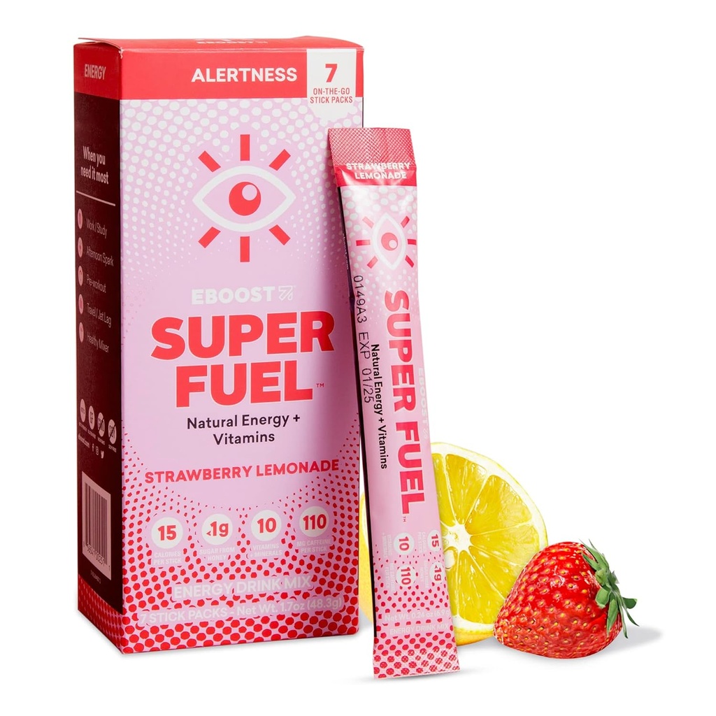 EBOOST Energijski napitek v prahu, Super Gorivo - Jagodna limonada, 7 paketov - Predworkout Powder Energy napitek Mix - Naravna energija, L-tirozin, L-teanin & vitamini - Preworkout za ženske in moške, da gredo