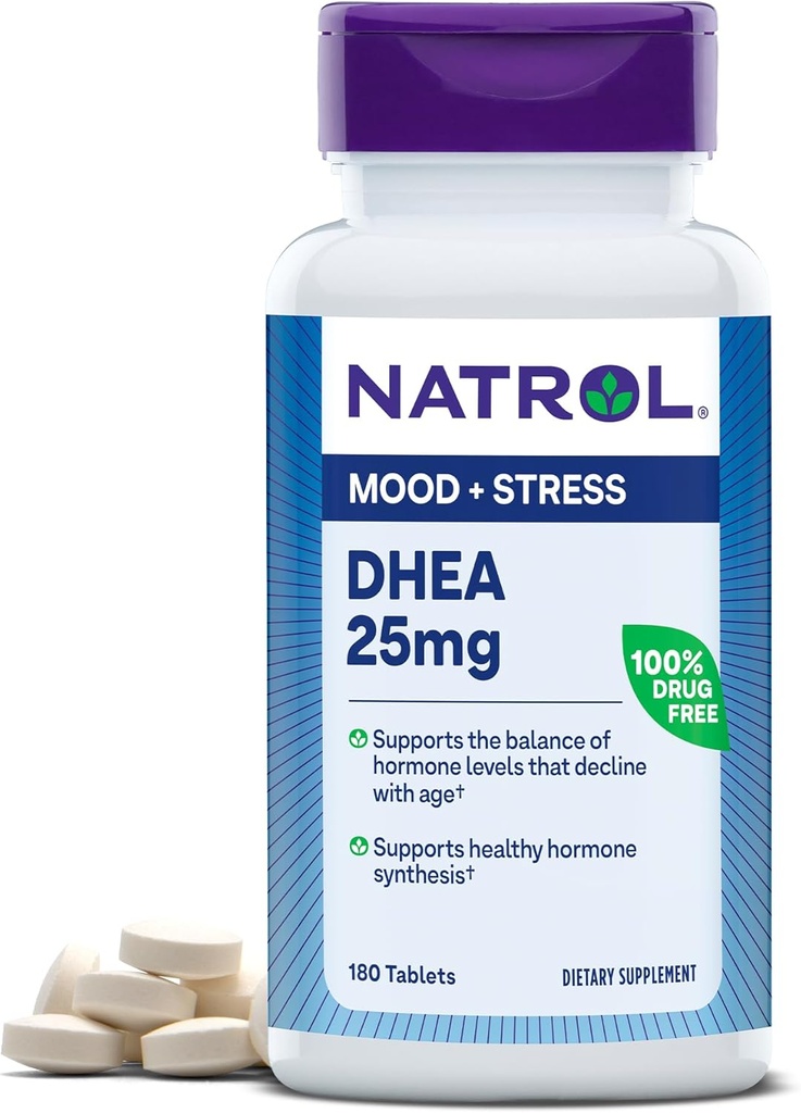 Natrol Mood & Stress DHEA 25mg s kalcij, prehranska dopolnila za ravnovesje določene ravni hormona in podporo razpoloženju, 180 tablet, 180 dnevna ponudba