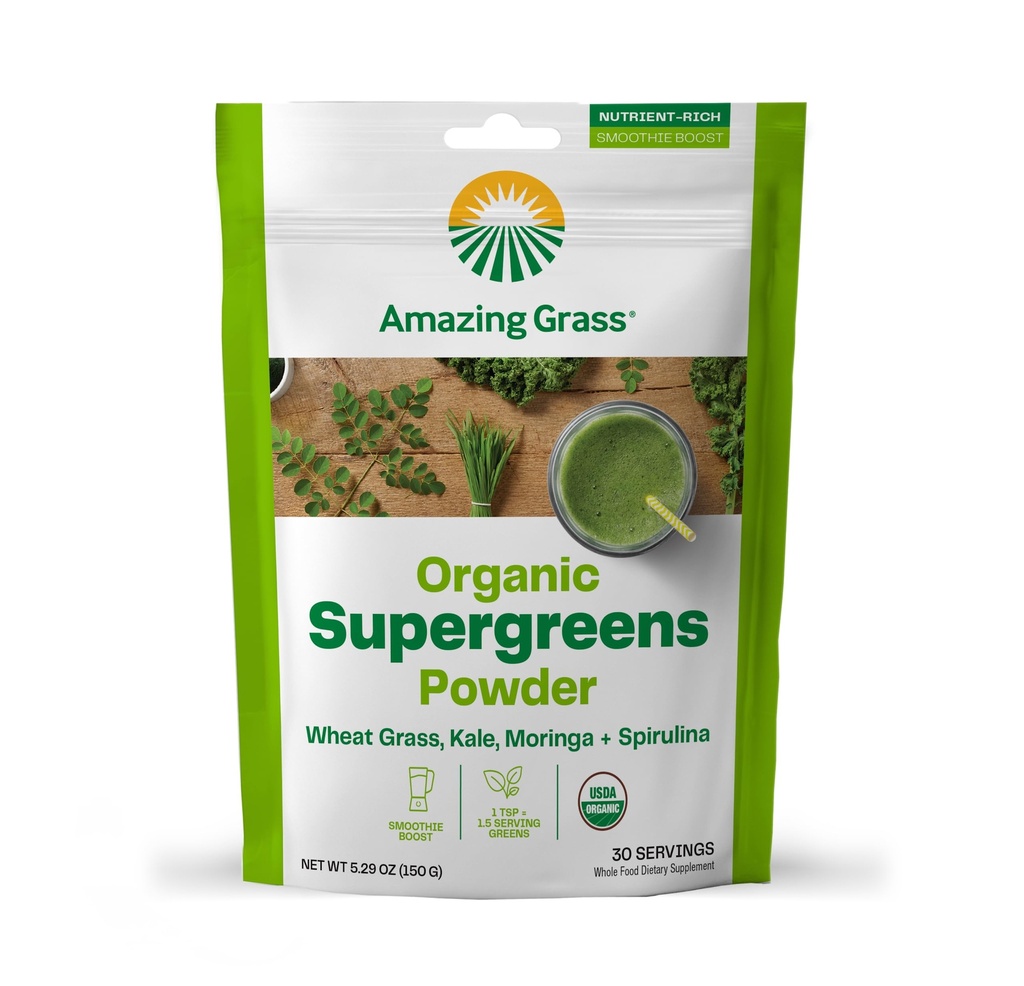 Neverjetna trava Super Greens Booster: Greens Powder Smoothie Mix with Spirulina, Moringa, Pšenica trava & Kale Smoothie Booster, Klorofil Zagotavlja zelene, 30 Serving