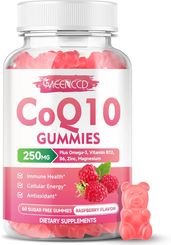 CoQ10 Gumies 250mg, Koencim Q10 Dopolnila Plus Omega-3, Vitamin B6 & cink, Visoka absorpcija CoQ10 Dopolnilo za celično energijo in antioksidant podporo, Raspberry Flavor, Vegan 60Cts
