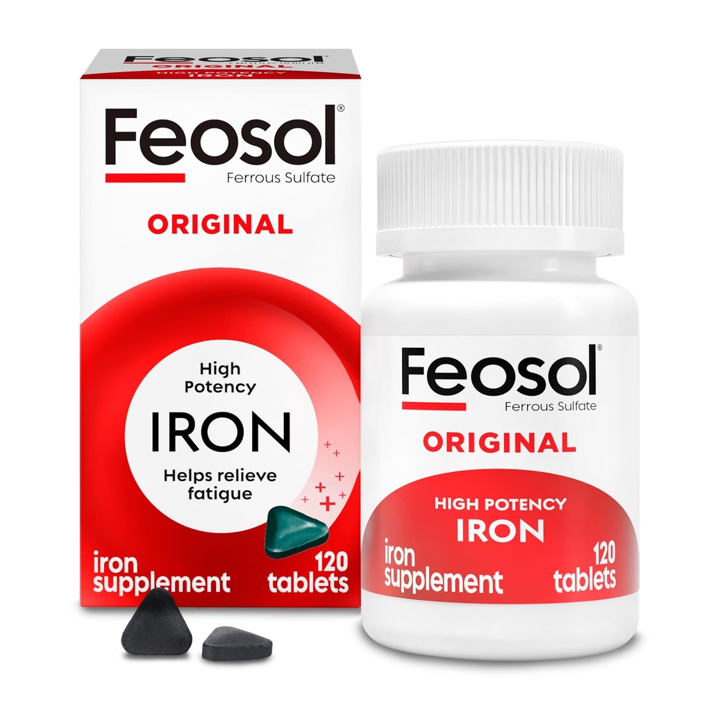 Feosol Original železove dopolnilne tablete, neheme, 325mg železovega sulfata (65mg elementarnega železa) na železovo tableto, 1 na dan, 120ct, 4 mesece dobave, za podporo energije in imunskega sistema, Made in USA