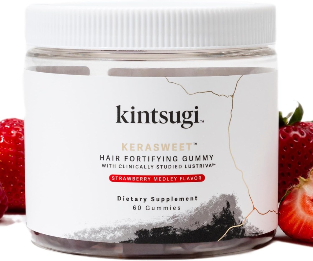 Kintsugi KeraSweet Las Fortifying Gummy- Pomoč boj znake staranja las, Dopolnilo za močne, Volumious Strands- Podpira zdravo, Fuller videz las w/ B12, Saw Palmetto, ACV (Strawberry, 60ct)