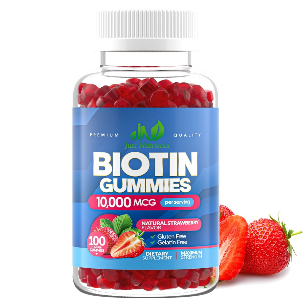 Biotin 10.000mcg Gumiji za ženske in moške (100 jih je) - 2x Največja moč Biotin za rast las, kožo in nohte - Gluten-free, Vegan, Non-GMO, Great Degusting Jagoda Okus - 100 Gummies