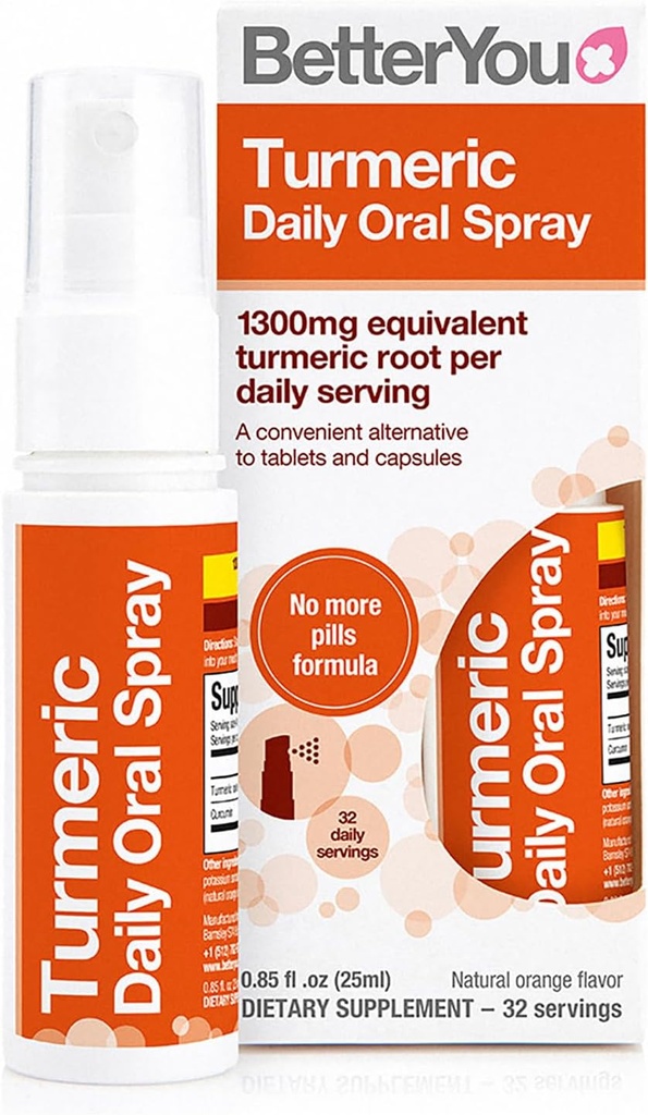 BetterYou Turmeric ustno pršilo - naravni tekoči kurišča dodatek - enostavno, udobno tablete alternativa - Natural Orange Flavor - 0.85 oz