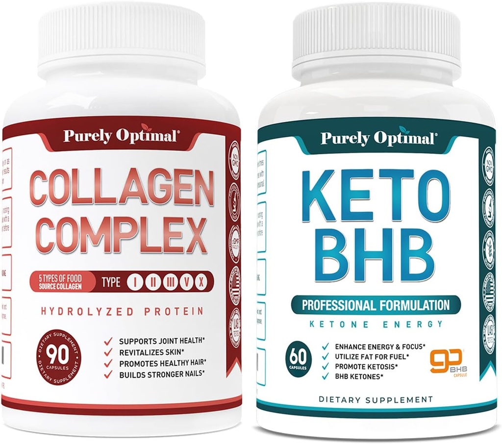 Čisto Optimal Premium Keto Diet tablete Utilize Maščoba za energijo s Ketosis + Premium Multi Collagen Peptide Kapsule (tipi I, II, III, V, X)