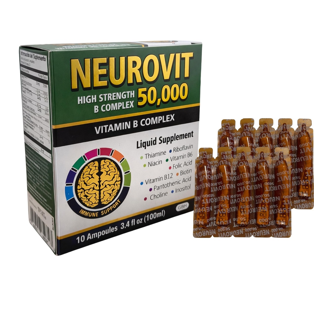 50.000 Visoka jakost Vitamin B Kompleksni tekoči dodatek, Krepitev možganov in živčevja, 10 Ampule, 3,4 fl oz (100ml), hitra absorpcija, ne- GMO, Gluten-free