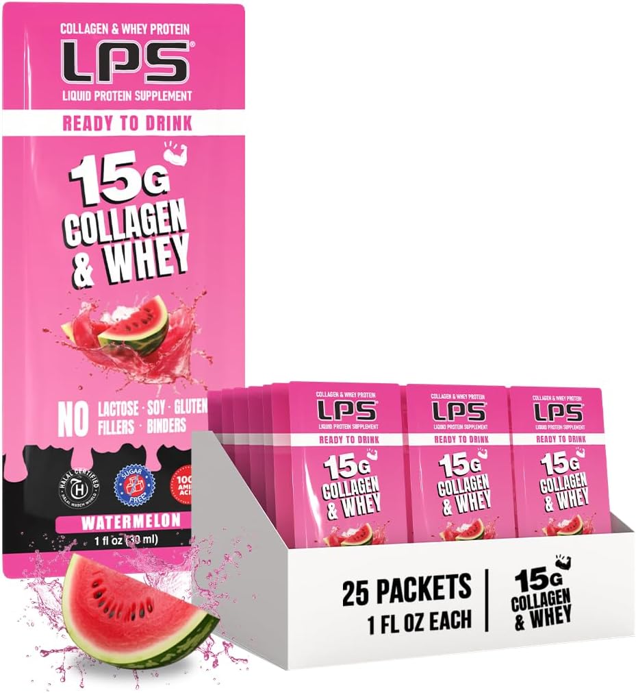 LPS Liquid Collagen & Whey Protein Supplement - ne-GMO pijača, brez sladkorja - spodbuja zdravo kožo in lase za moške in ženske, lubenica, enojni serv (50 paketov)
