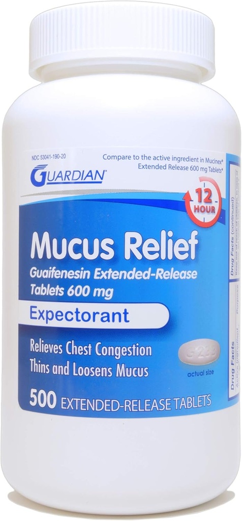 Guardian Mucus Relief, 600mg Guaifenesin 12 ur podaljšana sprostitev, preobremenjenost prsi pričakovanje (500 Count Steklenica)