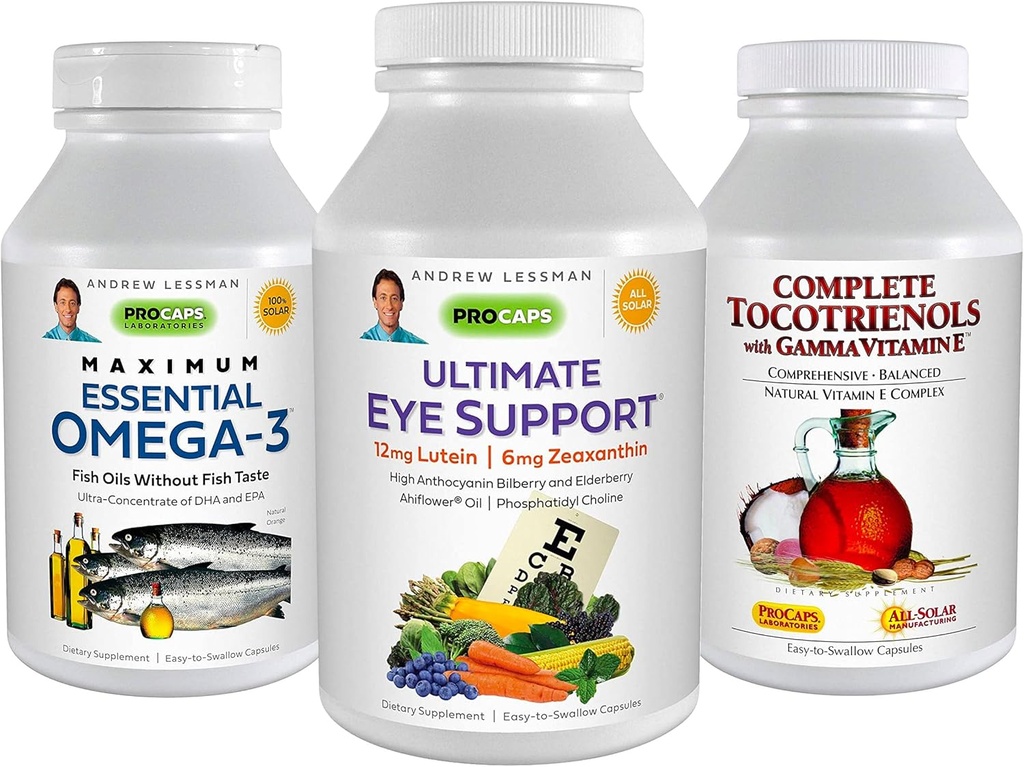 ANDREW LESSMAN 3 Product Eye Health Bundle - 360 Softgels Vsak od Ultimate Eye Support, Maksimalna Essential Omega-3 in Complete Tocotrienols. Spodbuja in podpira zdravje oči.