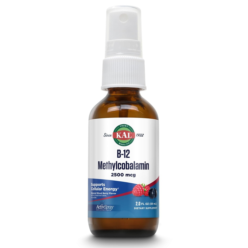 KAL Vitamin B12 Metilkobalamin ActivSpray 2500mcg, Zdrava energija, Presnova, Živčevje in podpora rdečih krvnih celic,* Hitro delujoča tekočina B12, Največja absorpcija, Naravna Berry aroma, 80 Servings, 2 fl
